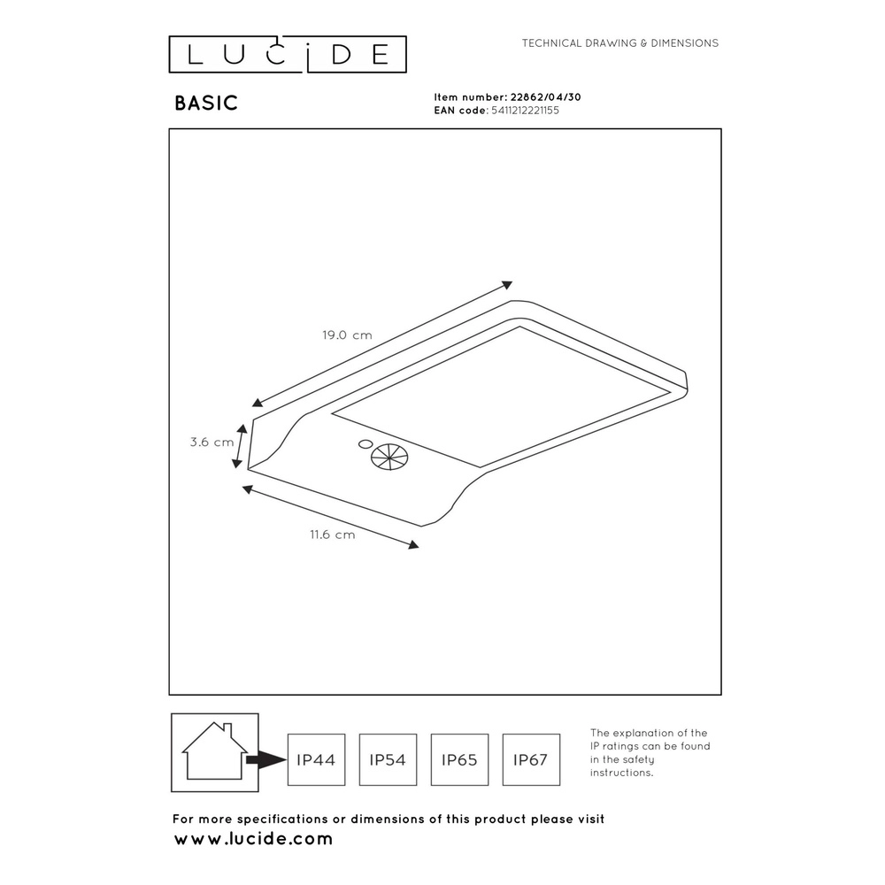 Solar wandlampje Basic zwart Lucide 5411212221155