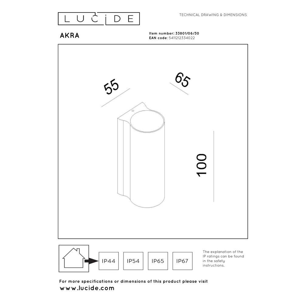 Design wandlamp Akra down zwart IP54 Lucide 5411212334022