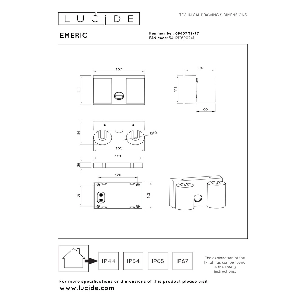 Wandspot IP65 Emeric roestbruin dubbel met sensor Lucide 5411212690241