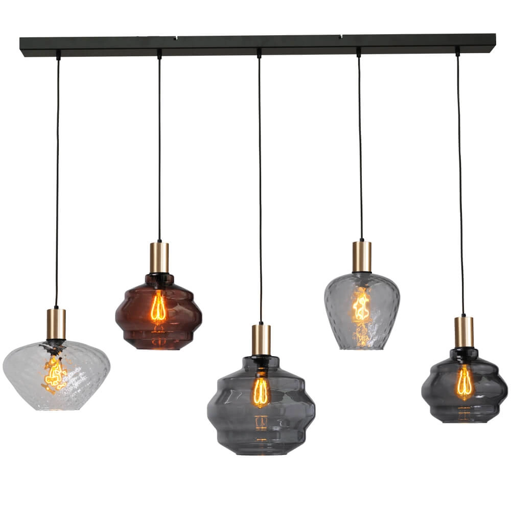 5-lichts hanglamp - goud - Porto met verschillende glazen