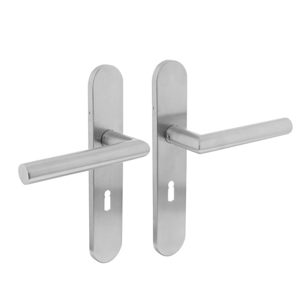 Strakke deurklink Hoek 90 sleutelgat 56mm RVS