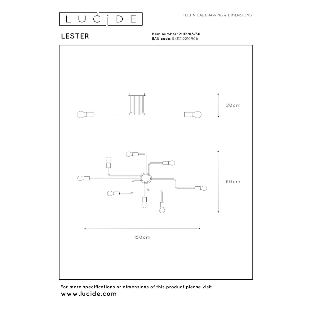 Plafondlamp Lester 8-lichts zwart Lucide 5411212210906