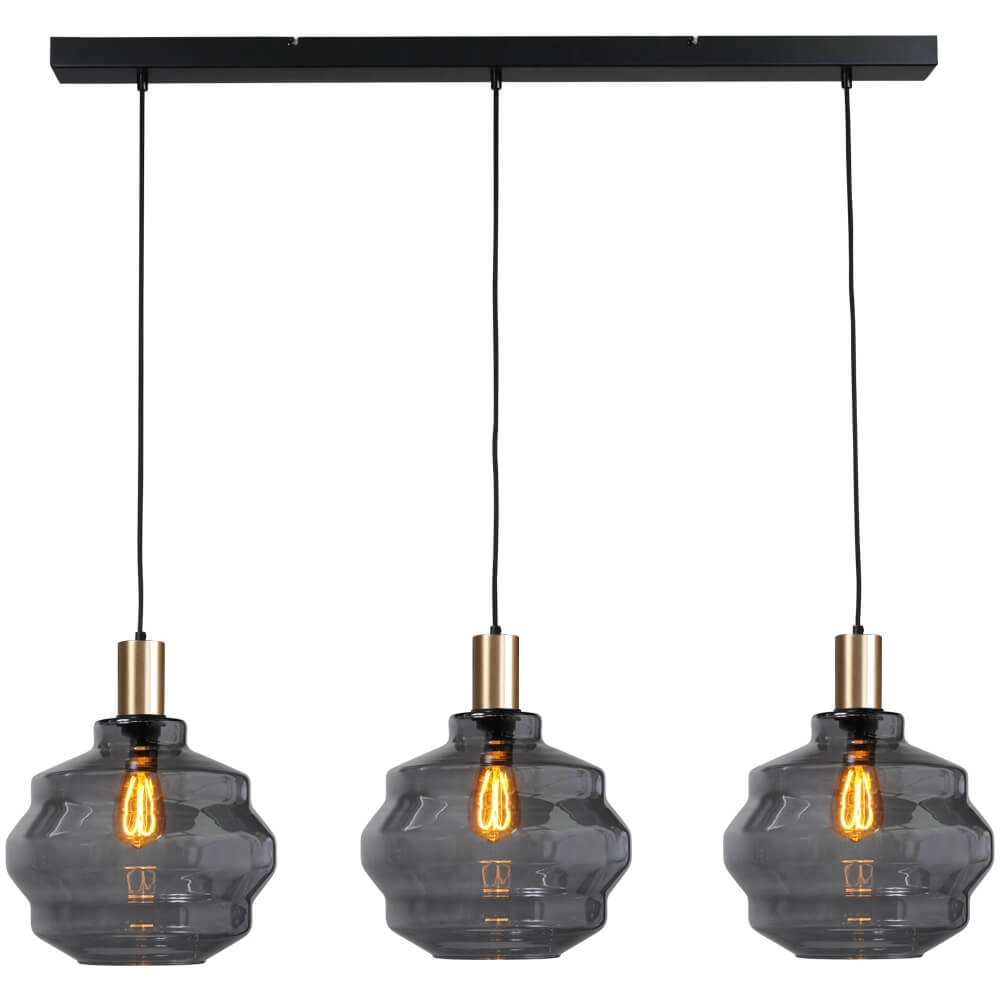 3-lichts hanglamp - goud - Porto met Ball smoke glazen - Ø 30cm 3-lichts hanglamp - goud - Porto met Ball smoke glazen - Ø 30cm