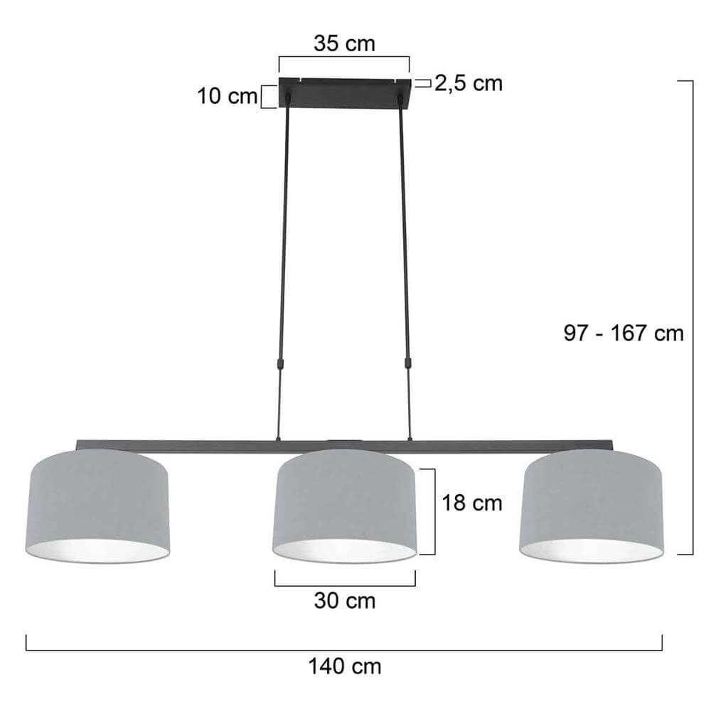 Hanglamp 3-lichts Stang zwart met kap lichtblauw Steinhauer 8712746175424