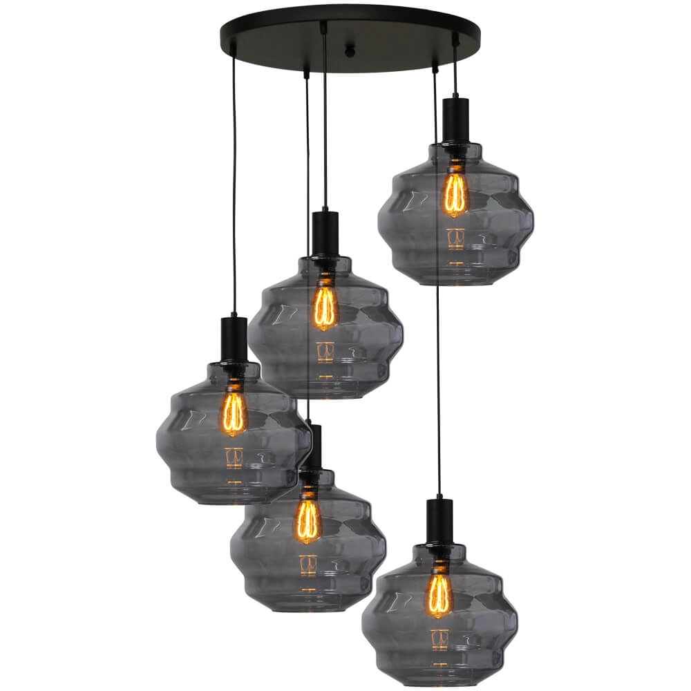 5-lichts vide hanglamp - zwart - Porto met Ball smoke glazen - Ø 30cm