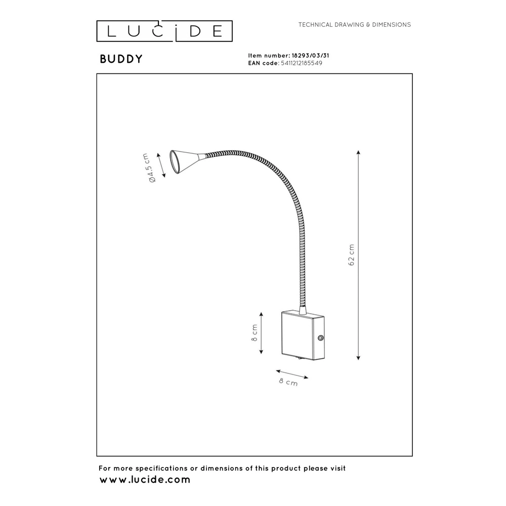 Bed leeslampje Buddy 4000K wit Lucide 5411212185549