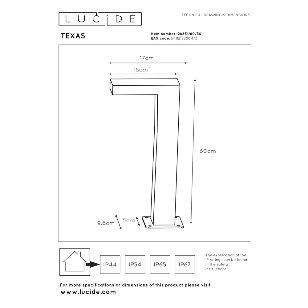 Sokkellamp Texas 60cm antraciet Lucide 5411212280473