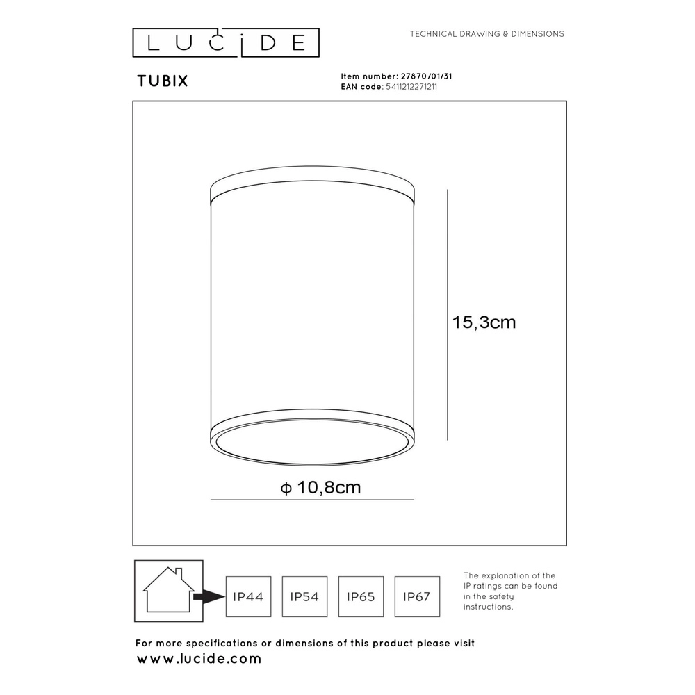 Plafondspot Tubix IP54 wit Lucide 5411212271211