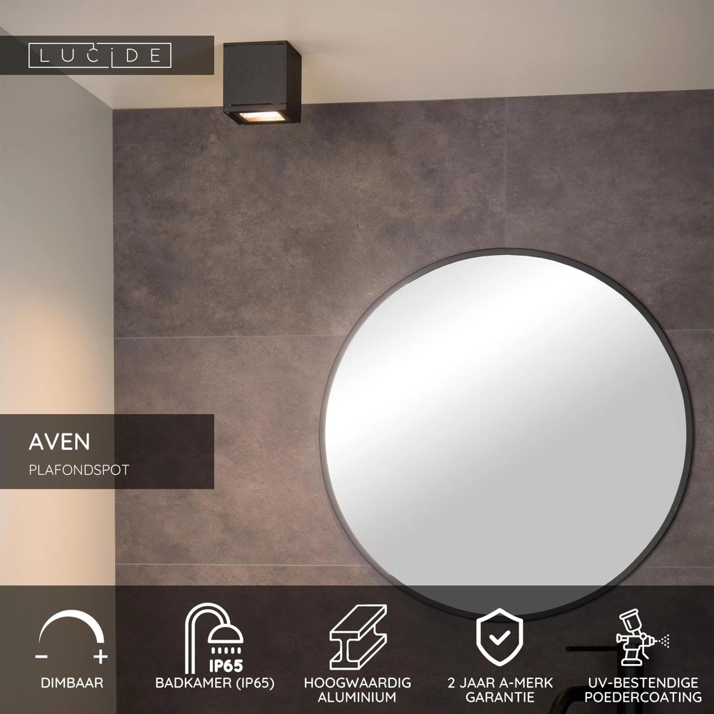 Vierkante plafondspot Aven badkamer IP65 zwart Lucide 5411212221452