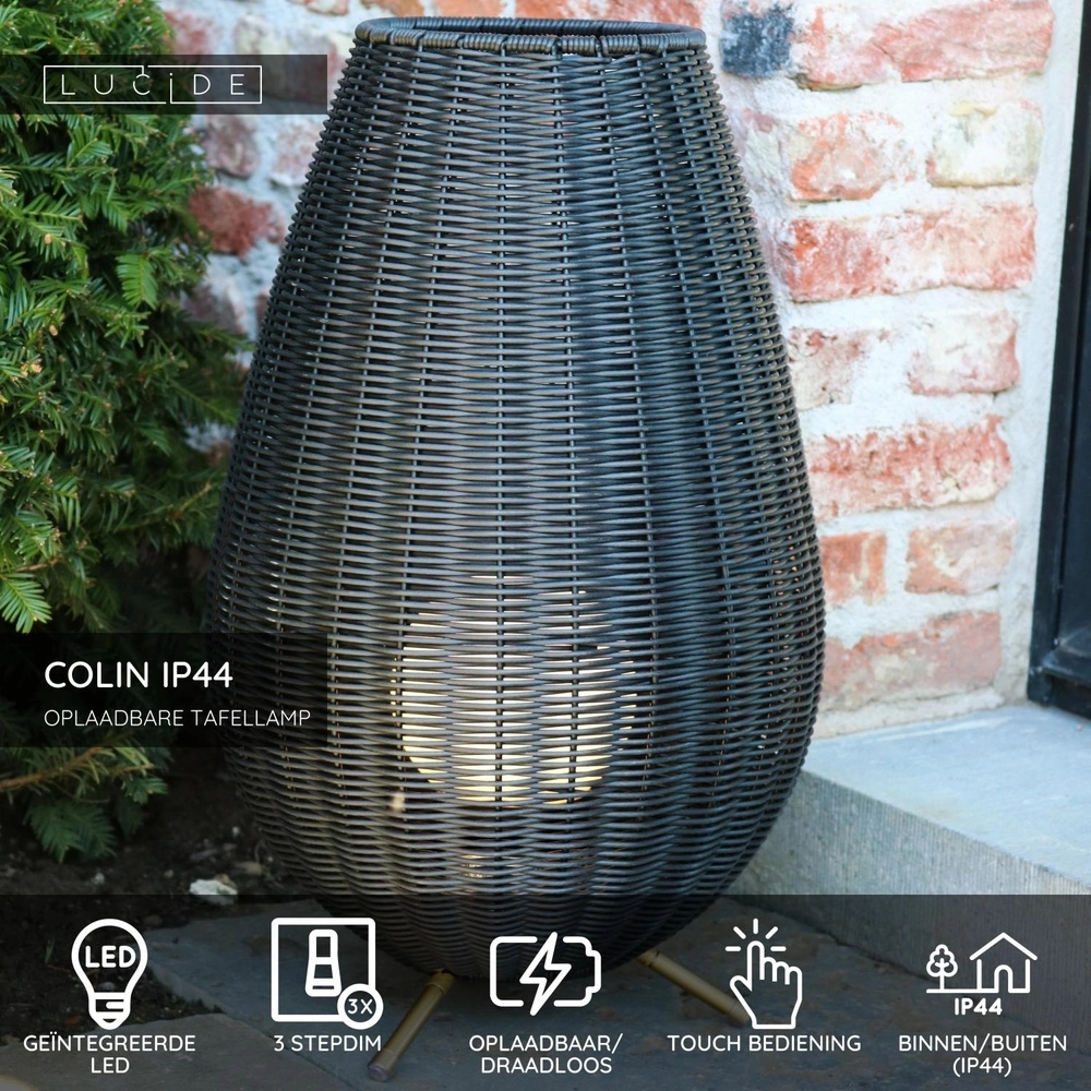 Oplaadbare tafellamp Colin Ip44 zwart Lucide 5411212031846