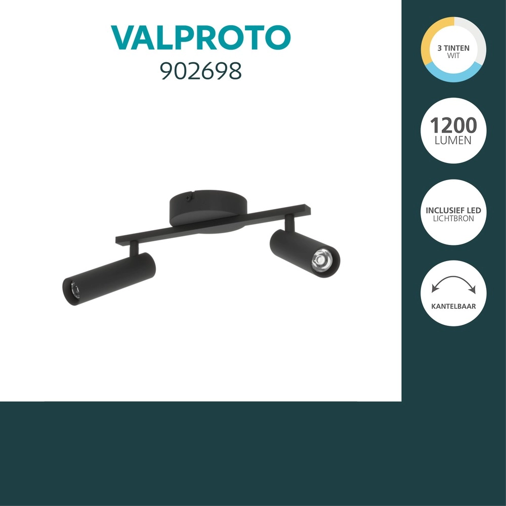 Opbouwspot Valproto 2-lichts zwart Eglo 9008606390366