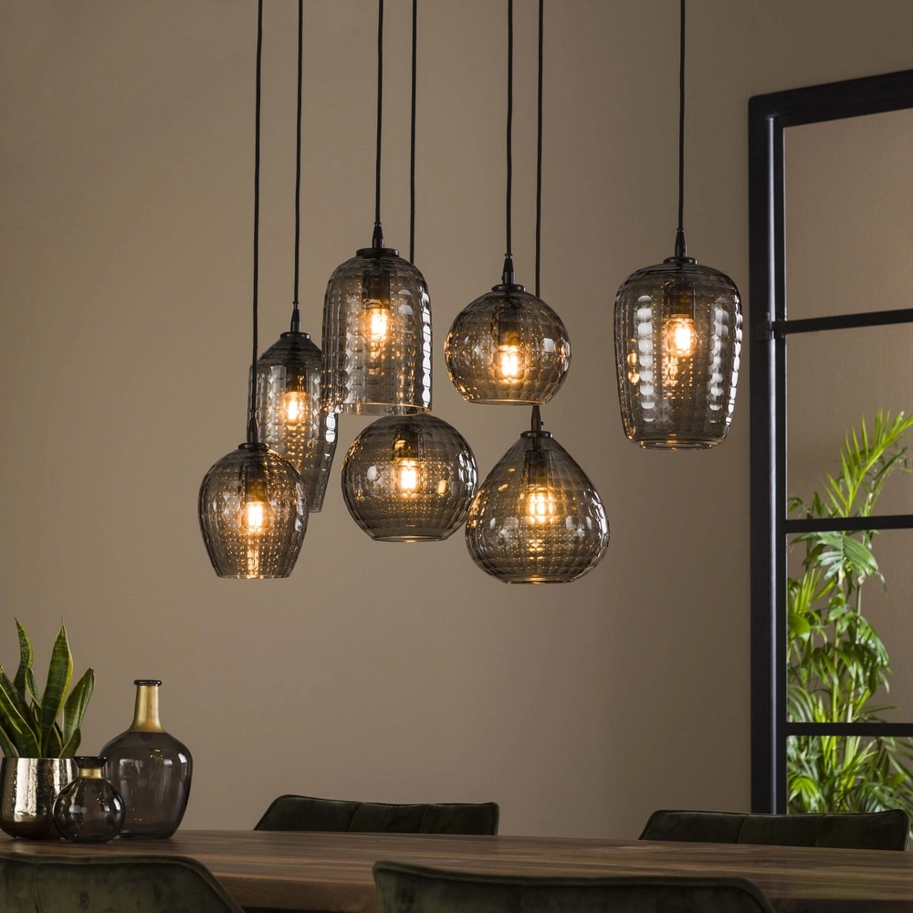 7-lichts hanglamp Hexagon smoke glazen