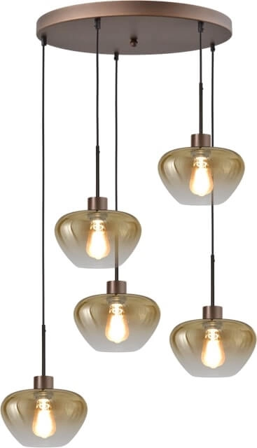 5-lichts hanglamp Genua bruin met 5x goud glas Ø 24cm