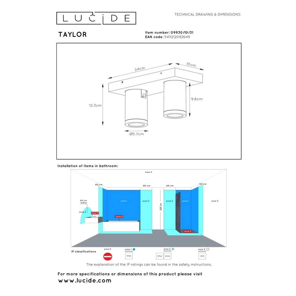 Plafondspot Taylor IP44 2-lichts wit Lucide 5411212092649