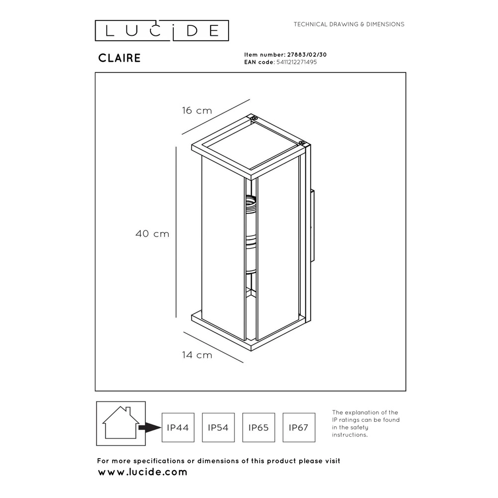 Strakke wandlamp Claire dubbel antraciet Lucide 5411212271495