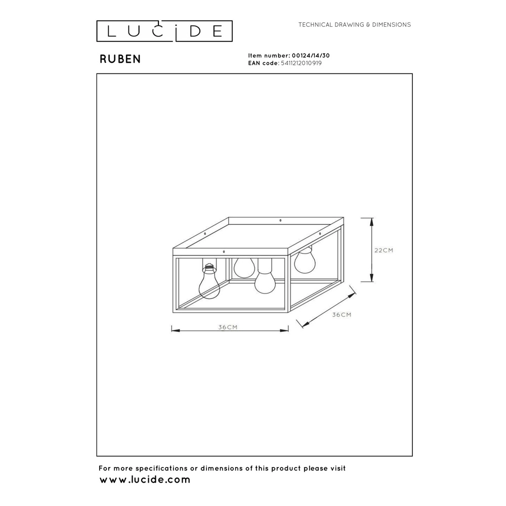 Plafondlamp Ruben zwart 36cm vierkant Lucide 5411212010919