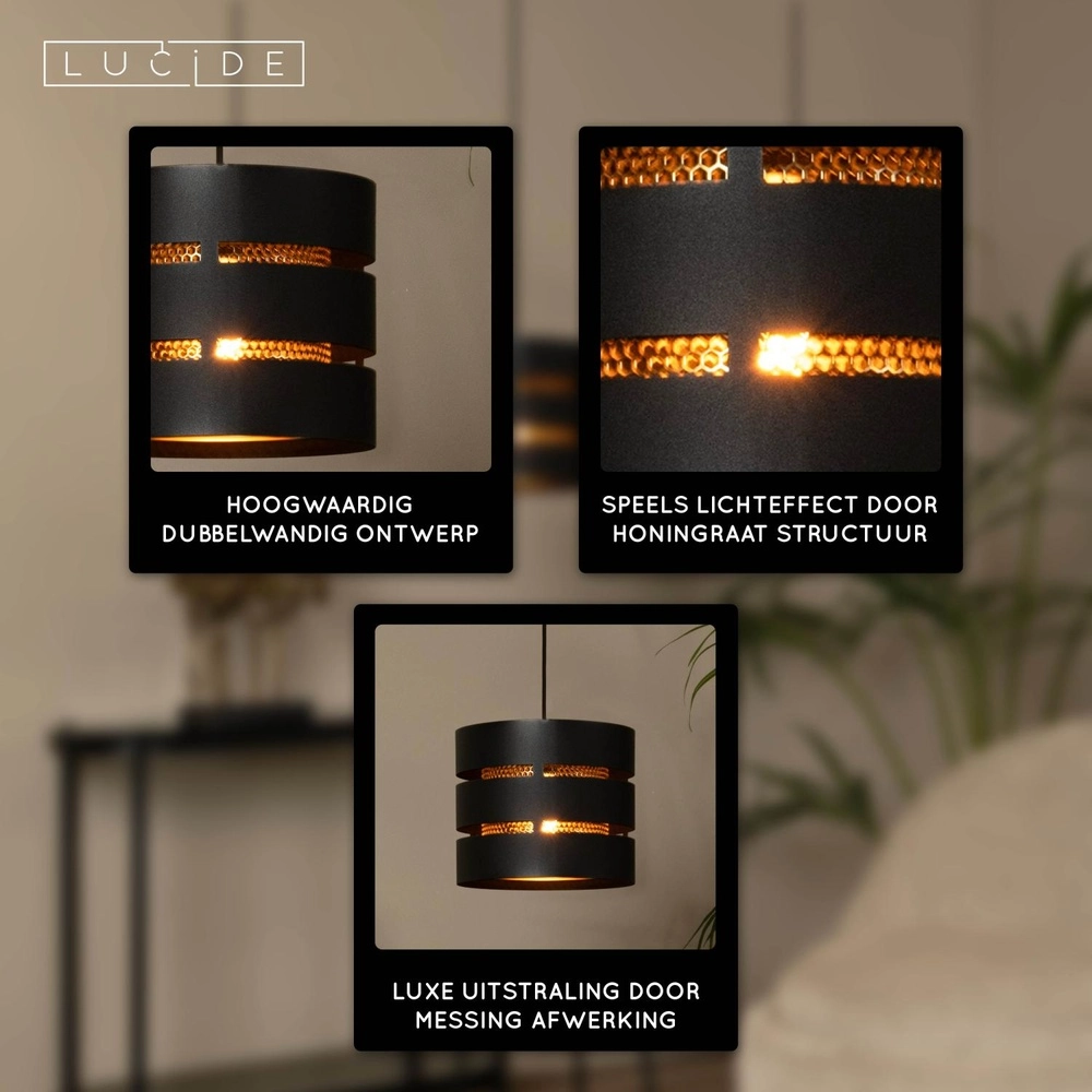 Hanglamp Rosas 3-lichts zwart met goud Lucide 5411212211828
