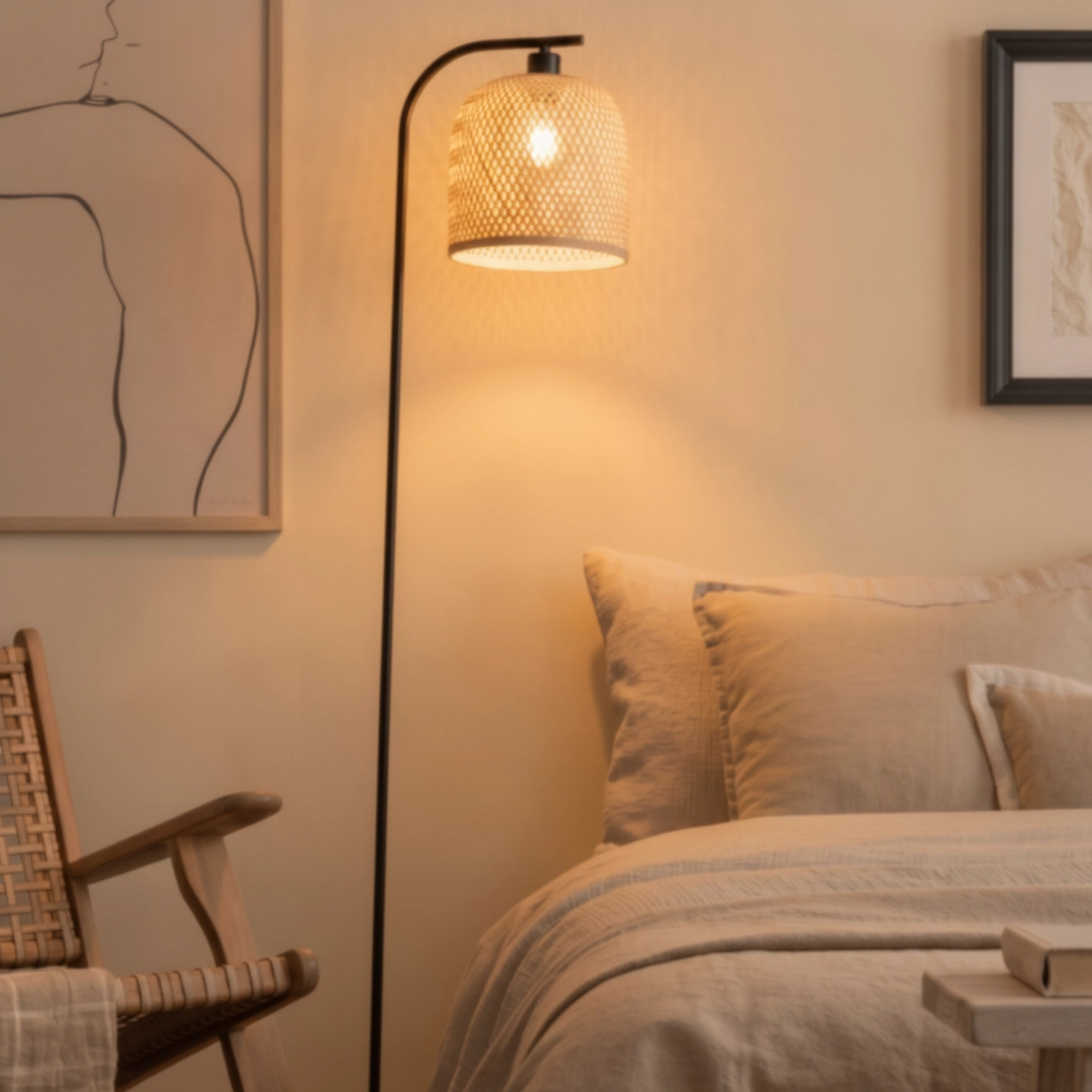 Vloerlamp Intra zwart met bamboe kapje