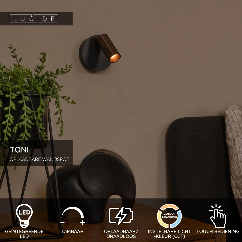 Oplaadbare wandlamp Toni magnetisch koffie bruin Lucide 5411212290557