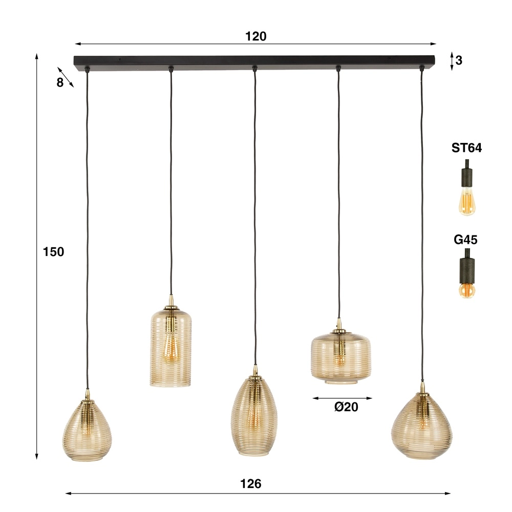 Eetkamer hanglamp Stripe 5-lichts - geribbeld glas Lyora 8716803511118