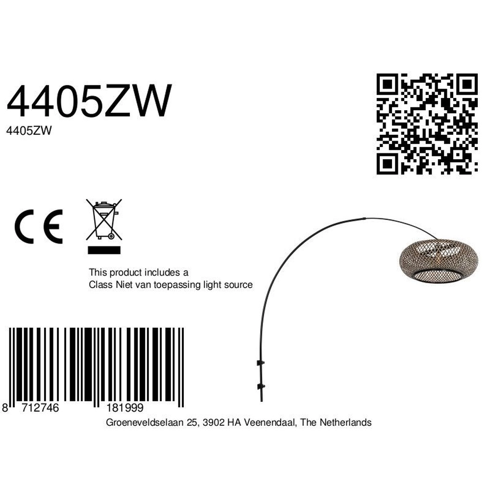 Wandlamp boog Sparkled Light zwart en rotan kap Steinhauer 8712746181999