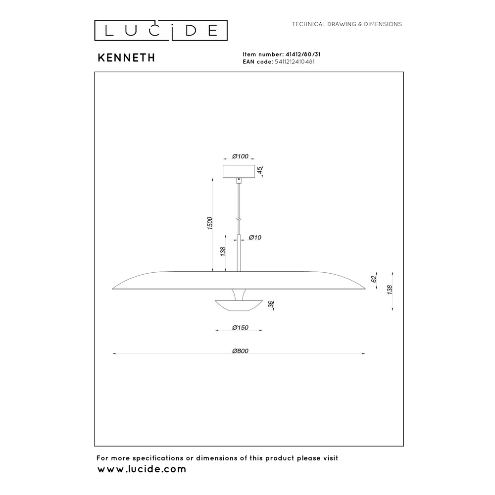 Design hanglamp Kenneth wit Ø 80cm Premium by Lucide 5411212410481