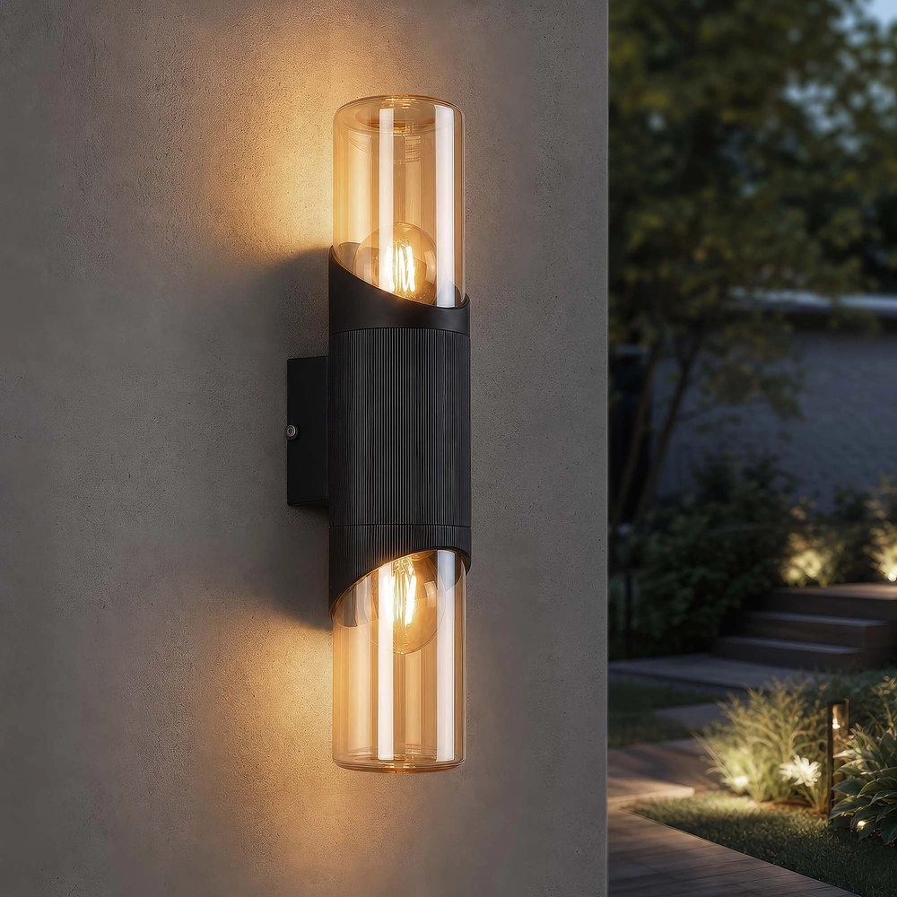 Design wandlamp Broadway zwart met amber glas dubbel Searchlight 5,05342E+12