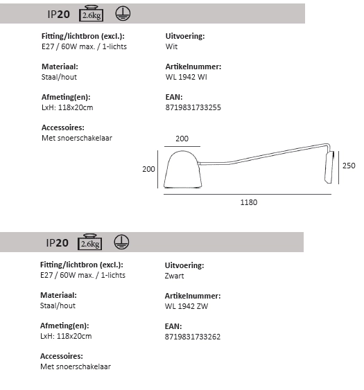 Strakke leeslamp Sensa wit met hout Artdelight 8719831733255