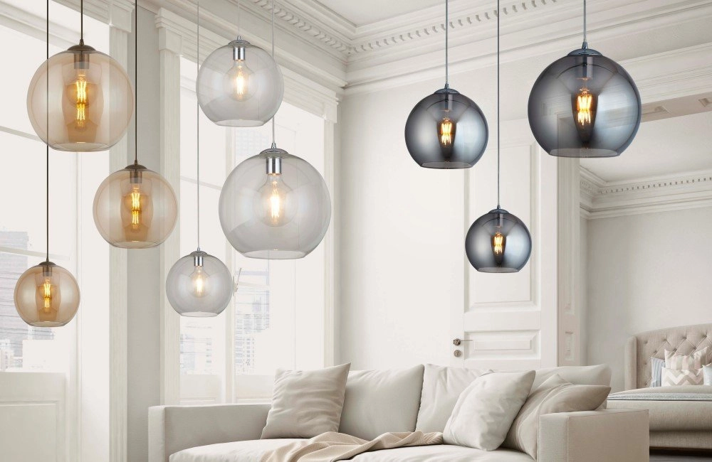 Glazen hanglamp Balls Ø 25cm grijs met helderglas Searchlight 5053423096155