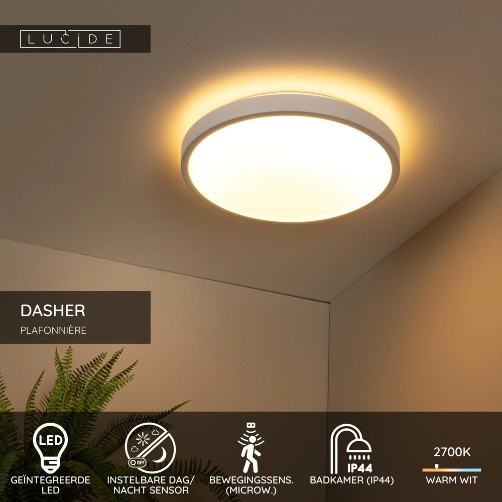 Witte plafonniere Dasher Ø 41cm IP44 voor badkamer Lucide 5411212792129