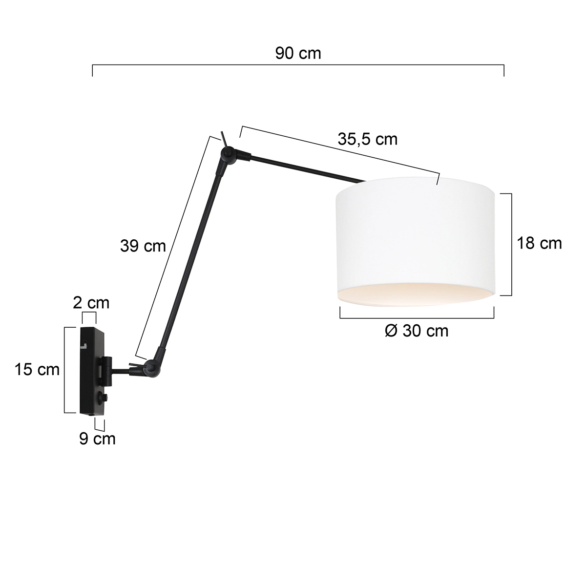 Wand Leeslamp Prestige Chic zwart met 30cm wit linnen lampenkap Steinhauer 8712746145908