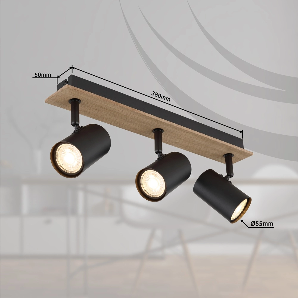 Plafondlamp Linca 3-lichts zwart met hout Globo 9007371455942