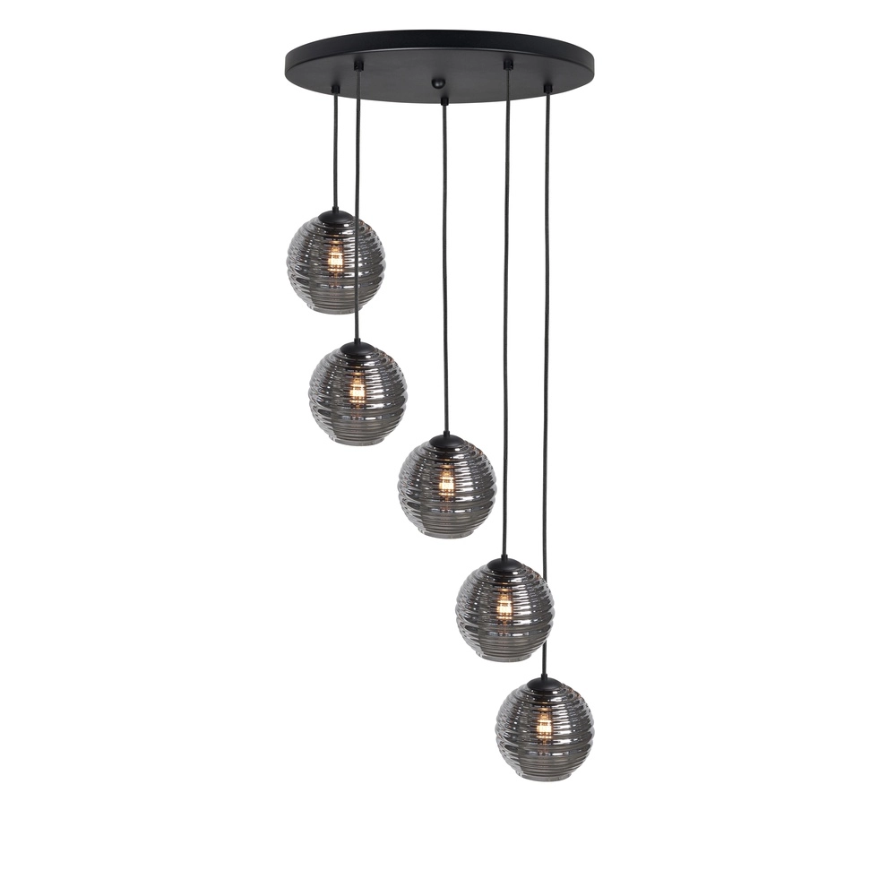 5-lichts hanglamp Fantasy zwart met ribbel glas