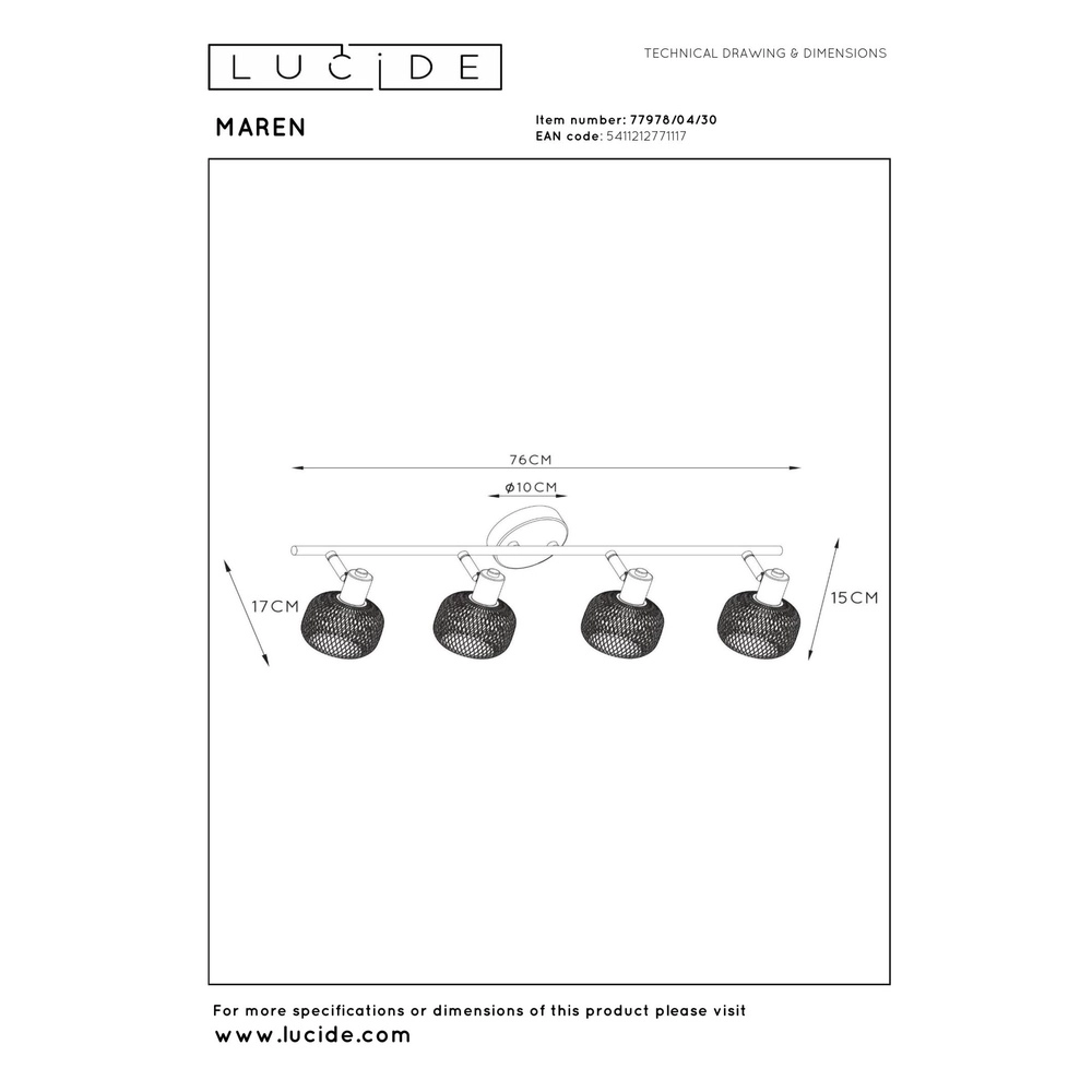 Plafondlampje Maren 4-lichts zwart Lucide 5411212771117