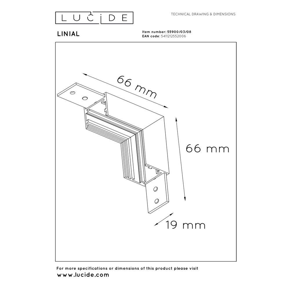 Verticale hoek 1-fase Linial mat zwart chroom Premium by Lucide 5411212552006