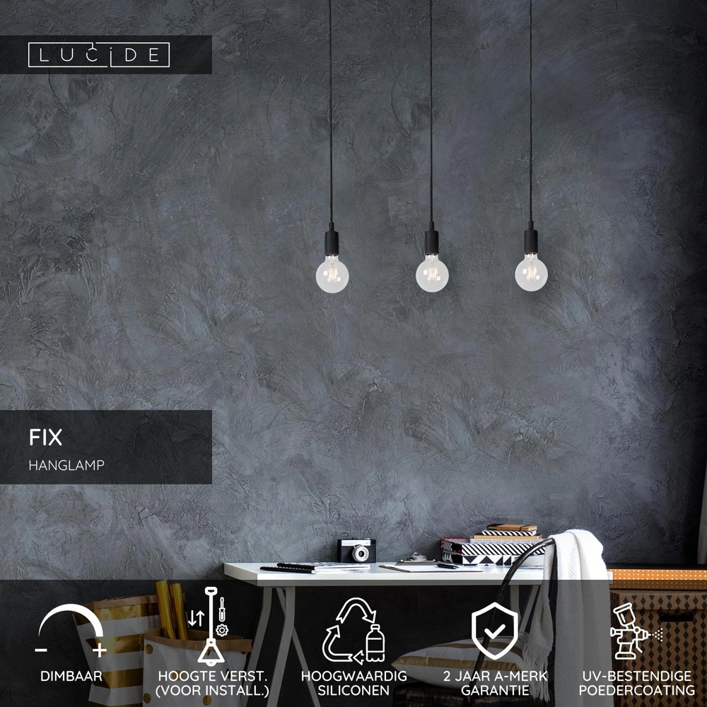 Hanglamp Fix 3-lichts zwart Lucide 5411212082725