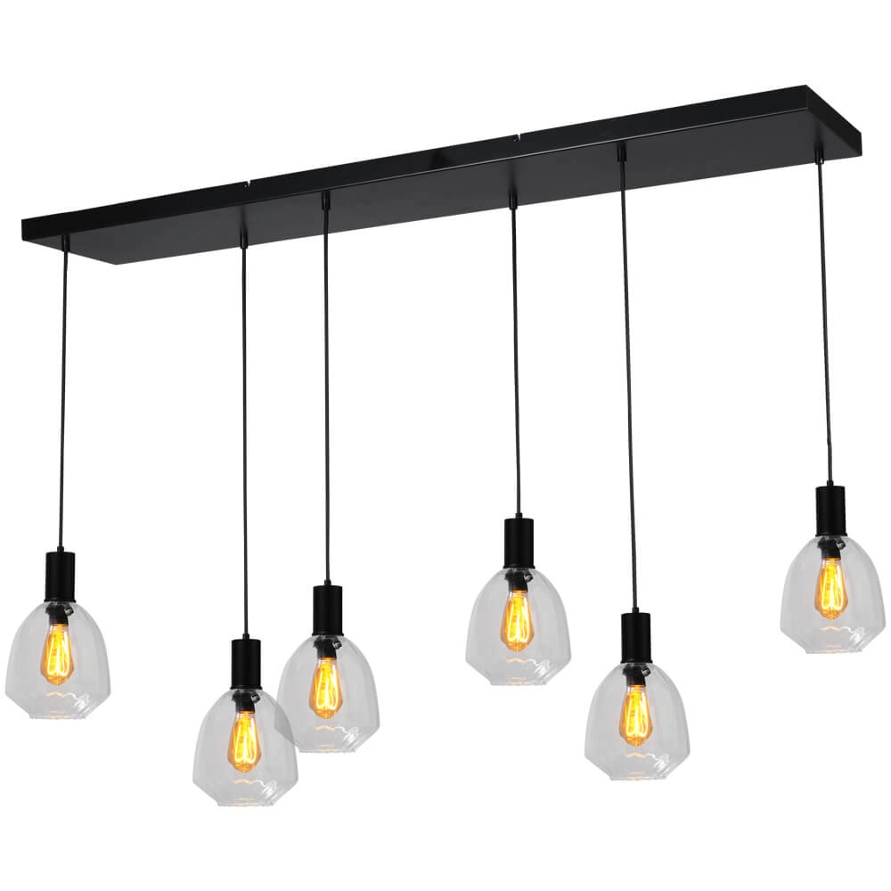6-lichts hanglamp - zwart - Porto met Nicolette clear glazen 6-lichts hanglamp - zwart - Porto met Nicolette clear glazen