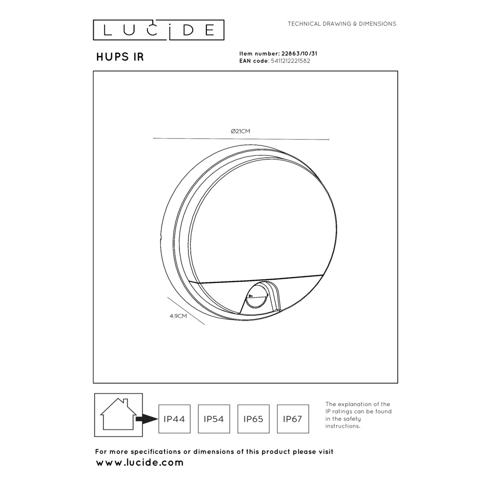Strakke wandlamp Hups Ir Ø 21cm wit met sensor Lucide 5411212221582