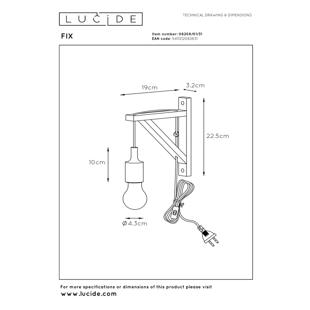 Houten wandlamp Fix met wit snoer Lucide 5411212082831