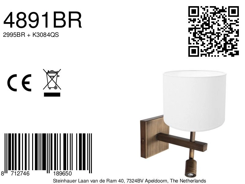 Wandlamp Stang met witte kap Steinhauer 8712746189650