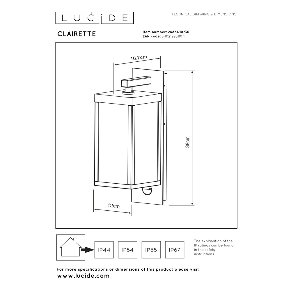 Desing wandlamp Clairette antraciet met bewegingssensor Lucide 5411212281104