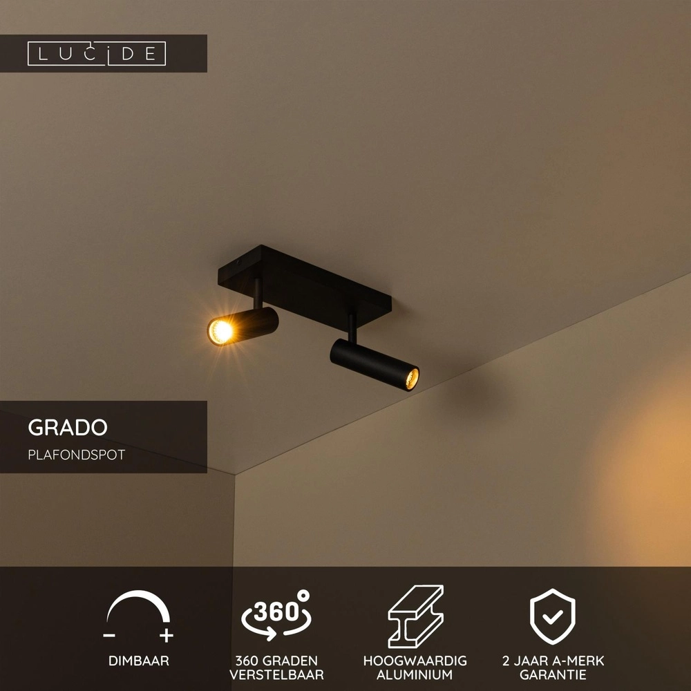 Strakke plafondlamp Grado 2-lichts zwart Lucide 5411212221674