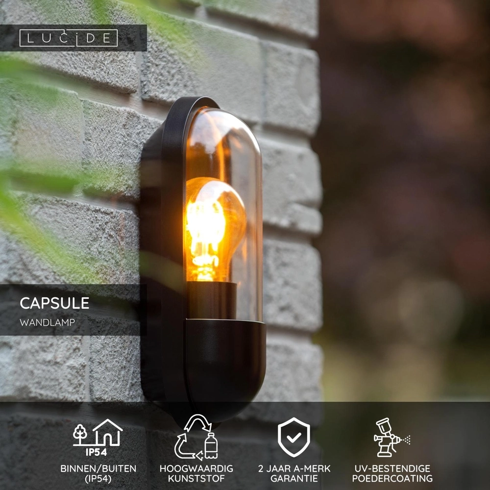 Wandlamp Capsule IP54 zwart Lucide 5411212290458