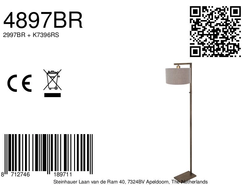 Vloerlamp brons Stang met grijze kap Steinhauer 8712746189711