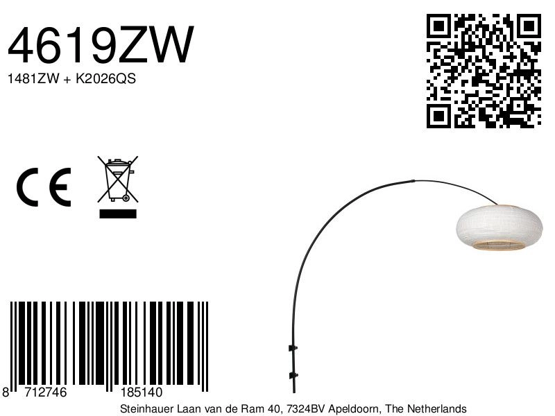 Zwarte wandlamp Silva Alba met witte kap Ø60cm Steinhauer 8712746185140