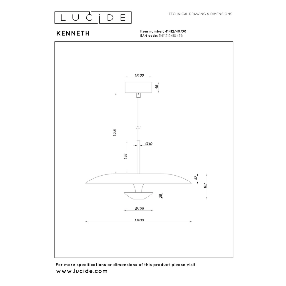 Design hanglamp Kenneth zwart Ø 40cm Premium by Lucide 5411212410436