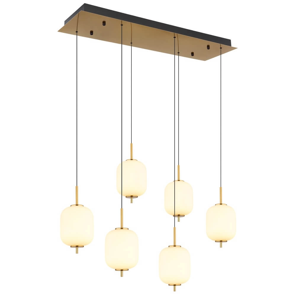 Gouden hanglamp Ewald 6-lichts wit glas