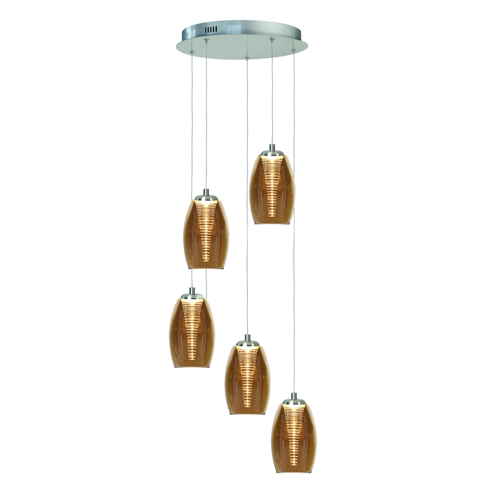 Hanglamp Nebula nikkel rond 5-lichts amber glas