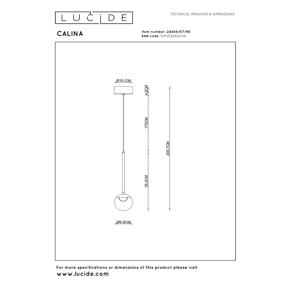 Hanglamp Calina enkel met amber bol Premium by Lucide 5411212242044