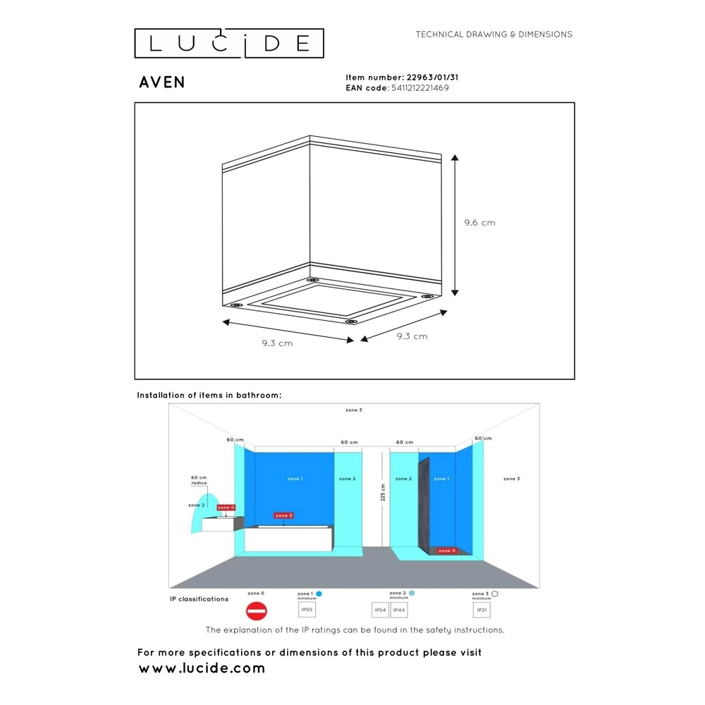 Vierkante plafondspot Aven badkamer IP65 wit Lucide 5411212221469